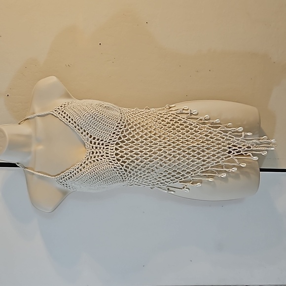 Hand Crafted Tan Crop-Top Fishnet triangular Design Hand Knit Crochet Swim Cover - Picture 7 of 17